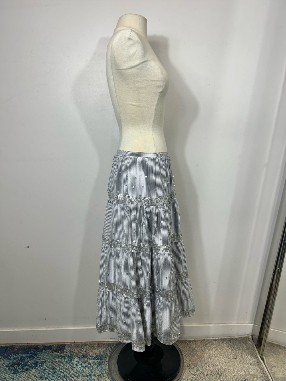 Rose and Rose Striped Sequin Tiered Maxi Skirt Blue White Cotton Boho Size XS - Picture 7 of 9